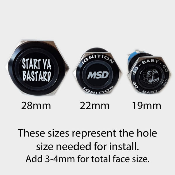 Billet Buttons size comparison for the 3 main buttons. 28mm 22mm 19mm