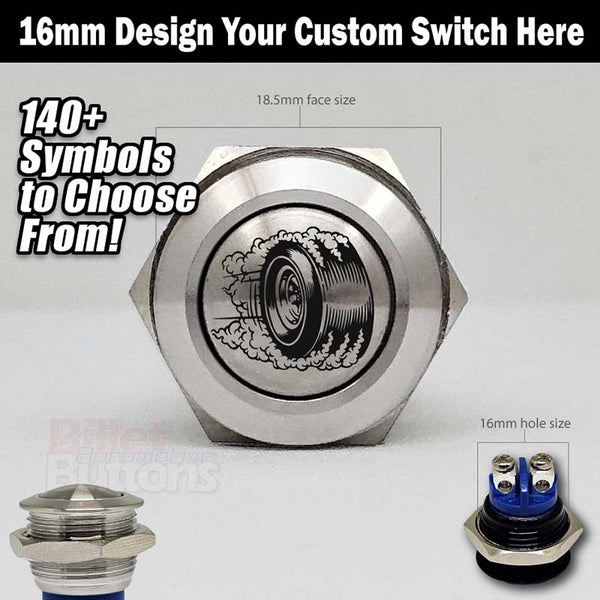 16mm 'CUSTOM LASER ETCHING' Push Button Switches Raised LED & Dome