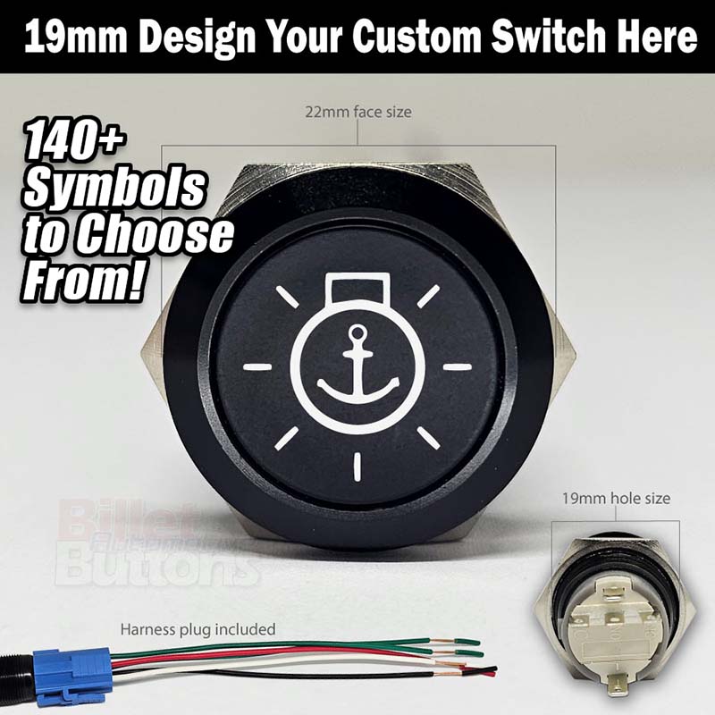 19mm 'CUSTOM LASER ETCHING' Design Your Own Billet Push Button Switch Text Logo Symbol