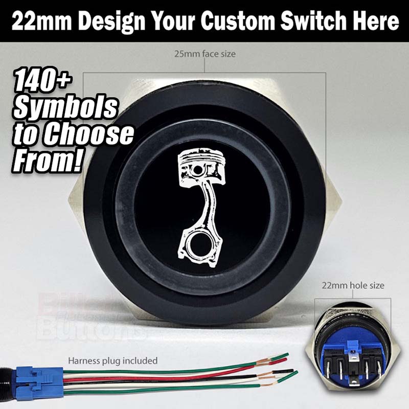 22mm 'CUSTOM LASER ETCHING' Design Your Own Billet Push Button Switch Text Logo Symbol