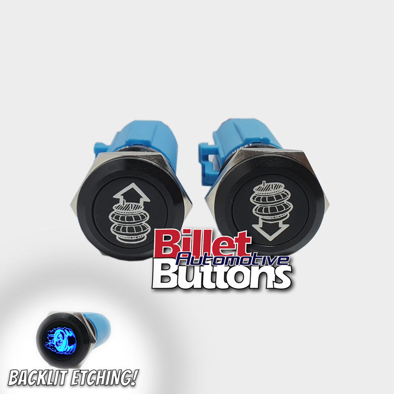 19mm Pair 'AIRBAG SUSPENSION SYMBOLS' Billet Push Buttons Switches Up Down air