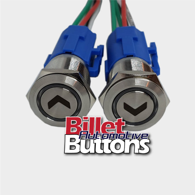 19mm Pair 'ARROW SYMBOLS 2' Billet Push Buttons Switches Power Windows
