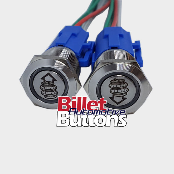19mm Pair 'AIRBAG SUSPENSION SYMBOLS' Billet Push Buttons Switches Up Down air
