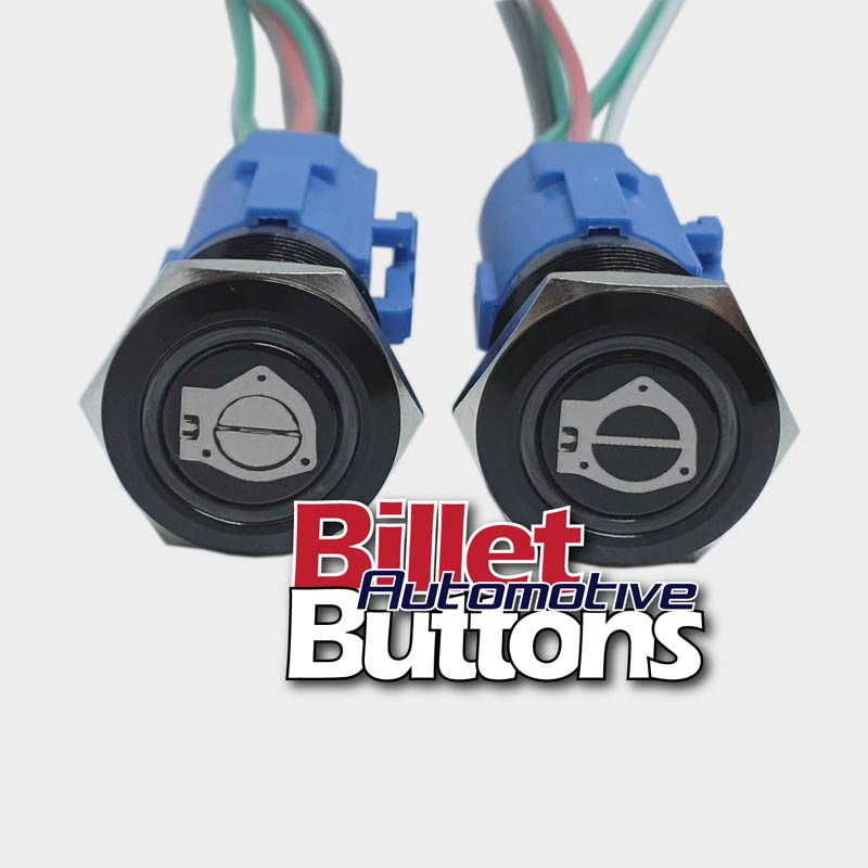 19mm Pair 'CUT-OUT OPEN/CLOSE SYMBOLS' Billet Push Buttons Switches Electric Exhaust Cutouts