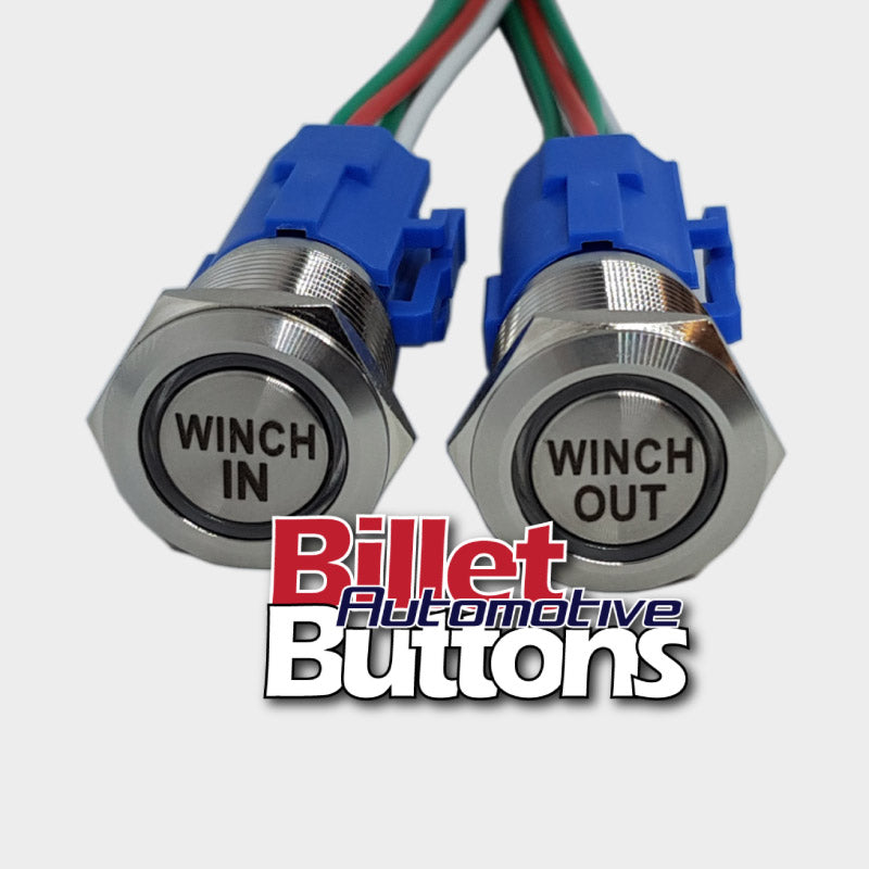 19mm Pair 'WINCH IN/OUT' Billet Push Buttons Switches