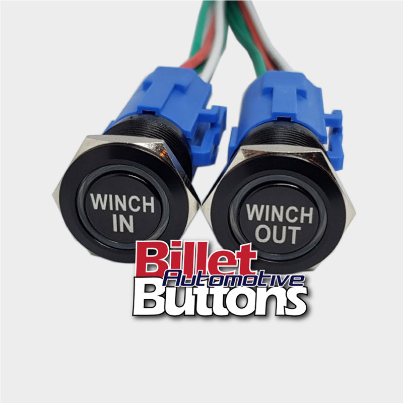 19mm Pair 'WINCH IN/OUT' Billet Push Buttons Switches