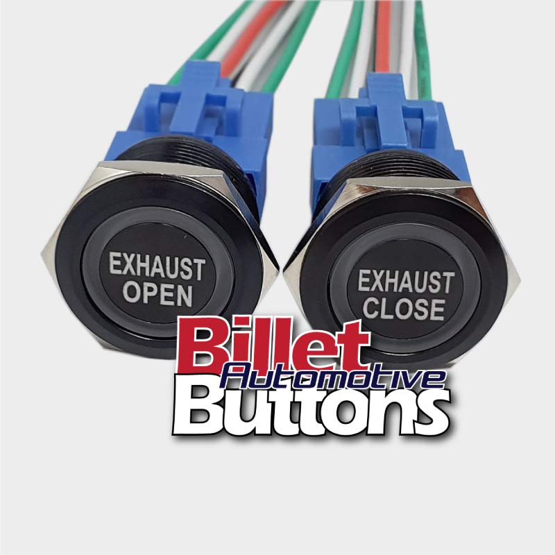 22mm Pair 'EXHAUST OPEN/CLOSE' Billet Push Buttons Switches Electric Cutouts