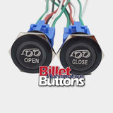 22mm Pair 'EXHAUST OPEN/CLOSE SYMBOL 2' Billet Push Buttons Switches Electric Cutouts
