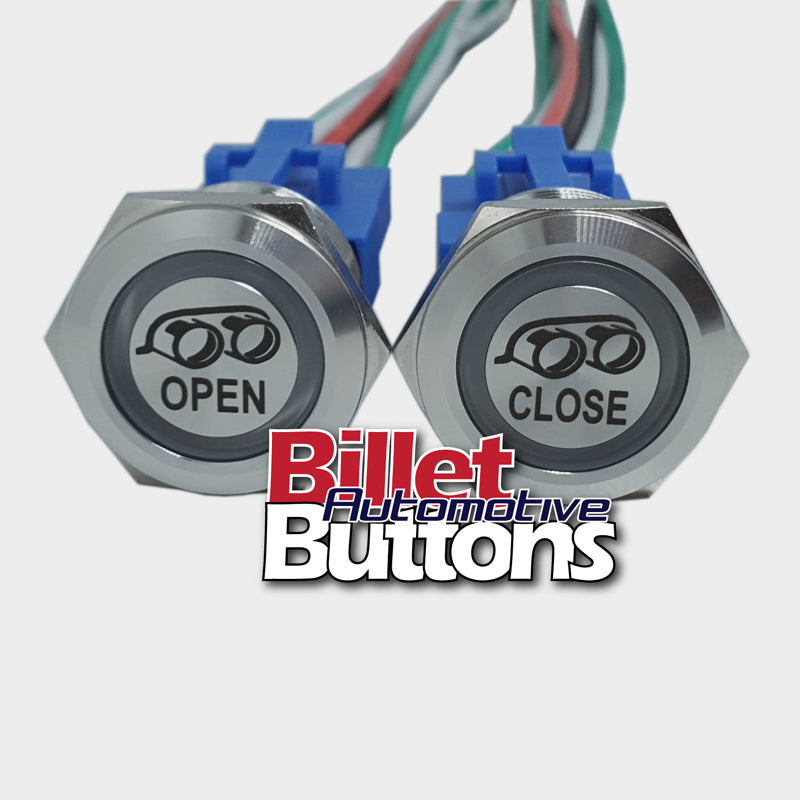 22mm Pair 'EXHAUST OPEN/CLOSE SYMBOL 2' Billet Push Buttons Switches Electric Cutouts