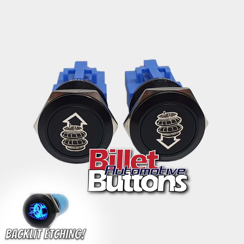22mm Pair 'AIRBAG SUSPENSION SYMBOLS' Billet Push Buttons Switches Up Down air