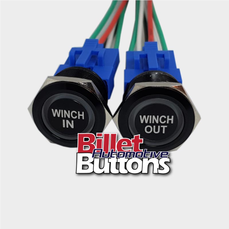 22mm Pair 'WINCH IN/OUT' Billet Push Button Switches