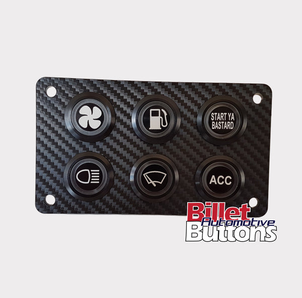 22mm Billet Button 6 hole laser cut perspex panel 116x66mm - Billet Automotive Buttons